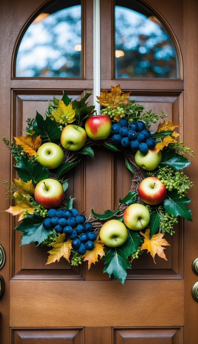 A wreath made of apples, grapes, and foliage hangs on a wooden front door. The colors of the fruit and leaves signify the arrival of fall