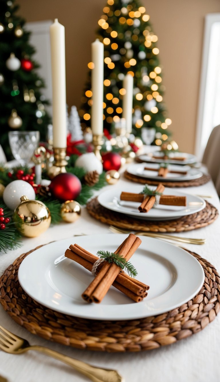 A festive table set with cinnamon stick bundled flatware, surrounded by various Christmas decorations and centerpieces