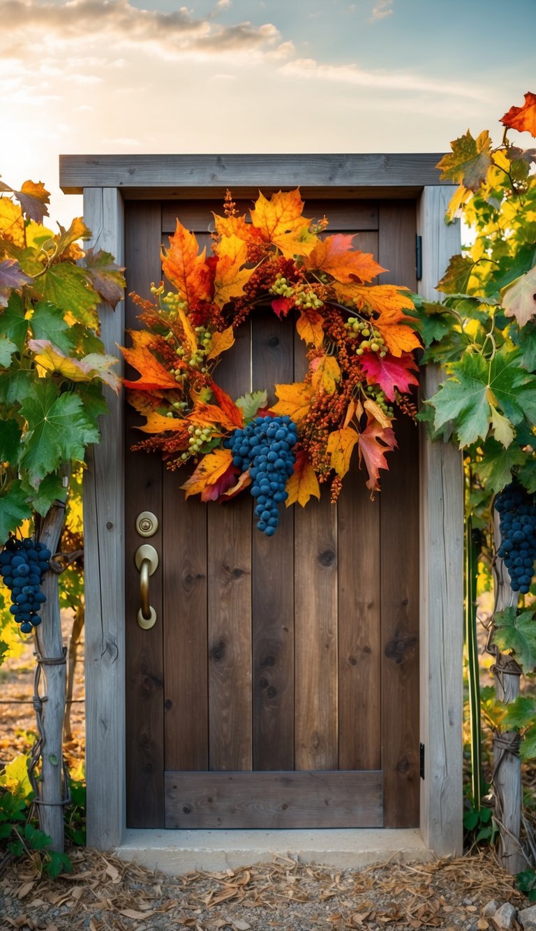 A rustic wooden door adorned with a lush wreath of vibrant autumn leaves, sun-drenched grapevines, and ripe Tuscan grapes