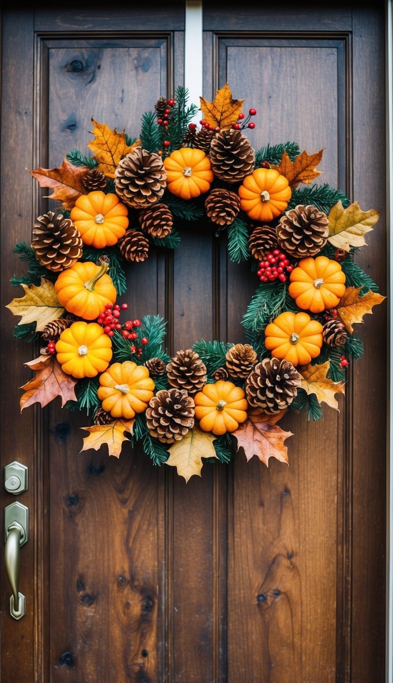 A rustic wooden door adorned with a festive wreath made of pumpkins and pinecones, accented with autumn leaves and berries