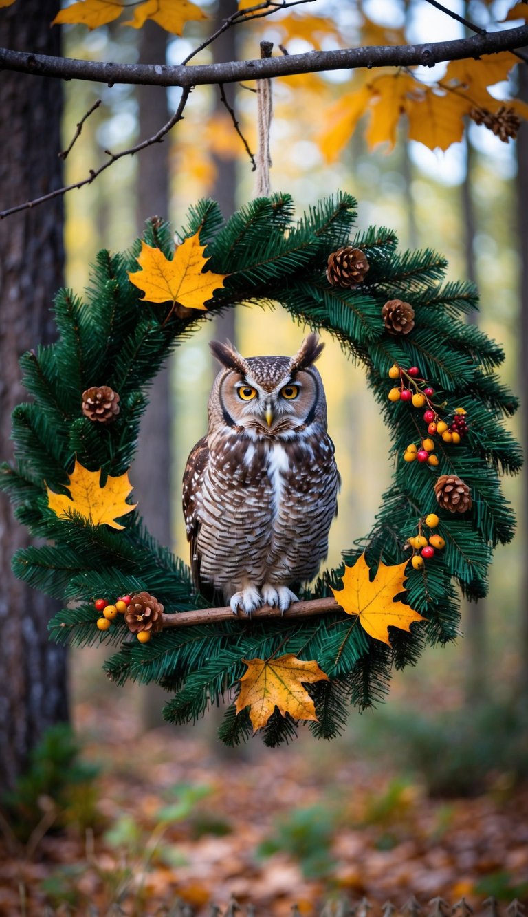 An owl perched on a pine wreath, surrounded by autumn leaves and berries, against a backdrop of a woodland forest