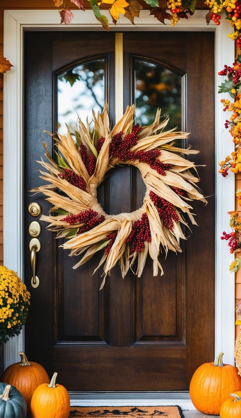 A rustic corn husk and berry wreath hanging on a wooden front door, surrounded by colorful autumn foliage and pumpkins