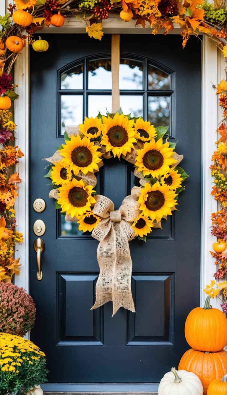 A sunflower and burlap wreath hangs on a rustic front door, surrounded by colorful autumn foliage and pumpkins