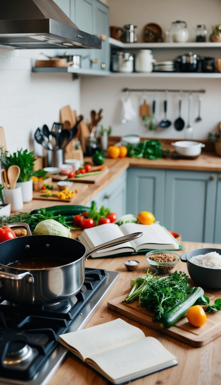 A kitchen counter with various cooking utensils, cookbooks, and ingredients scattered around, with a pot simmering on the stove and a cutting board with fresh vegetables