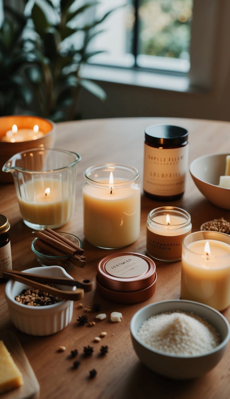 A table with ingredients and tools for making scented candles at home