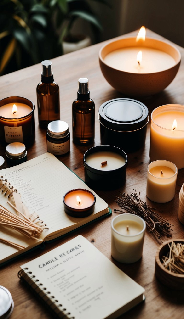 A table with various candle making supplies, including wax, fragrance oils, wicks, and containers. A notebook with candle recipes and a lit candle for inspiration