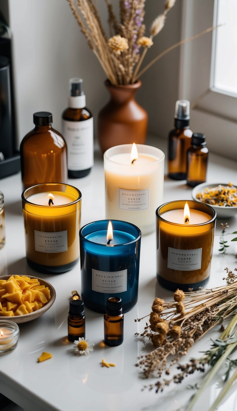 Five scented candles in various colors and sizes, surrounded by ingredients like wax, essential oils, and dried flowers on a clean, organized workspace