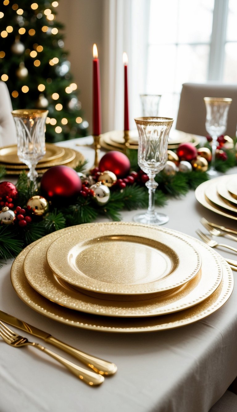 Glittering gold chargers arranged on a festive Christmas table with elegant decorations