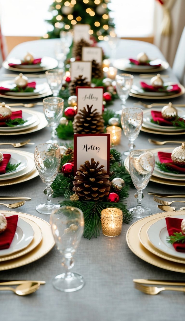 A festive table set with pinecone place card holders, adorned with various holiday decorations and surrounded by elegant dinnerware and sparkling glassware