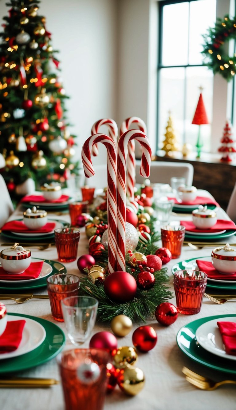 A festive table adorned with a candy cane centerpiece surrounded by various holiday-themed decorations and dinnerware