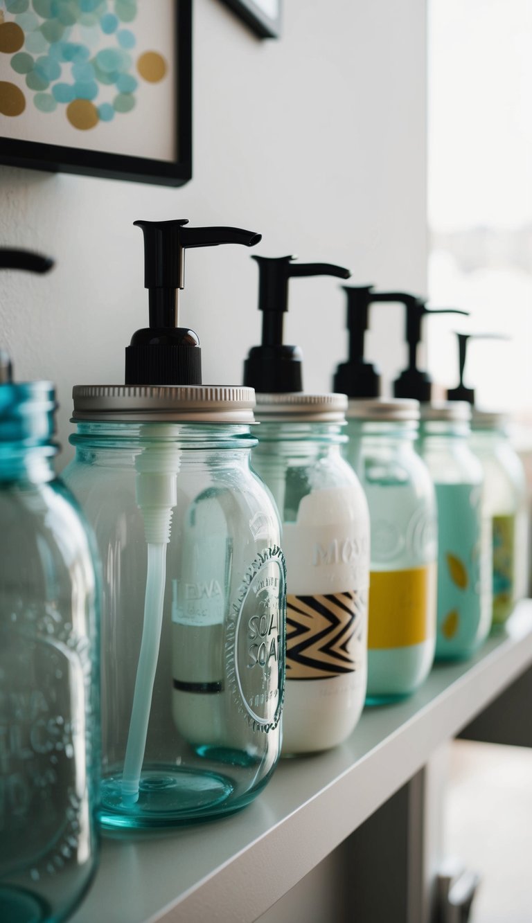 Glass jars lined up on a shelf, each one repurposed as a soap dispenser with unique designs and pumps