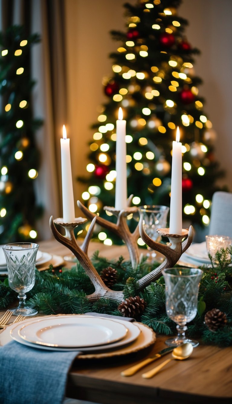 A festive table set with antler candle holders, surrounded by holiday greenery and twinkling lights