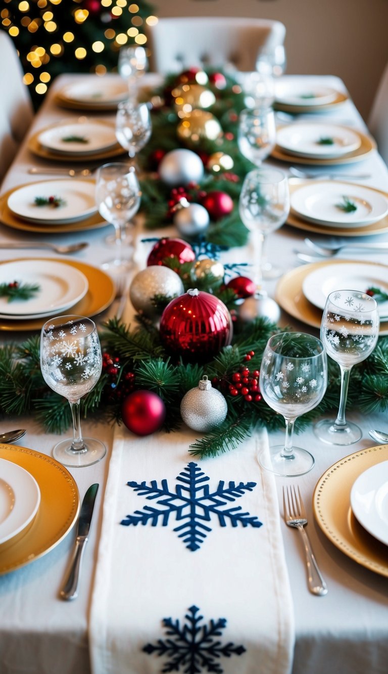 A festive table set with a snowflake table runner, adorned with various Christmas decorations and surrounded by elegant dinnerware and sparkling glassware