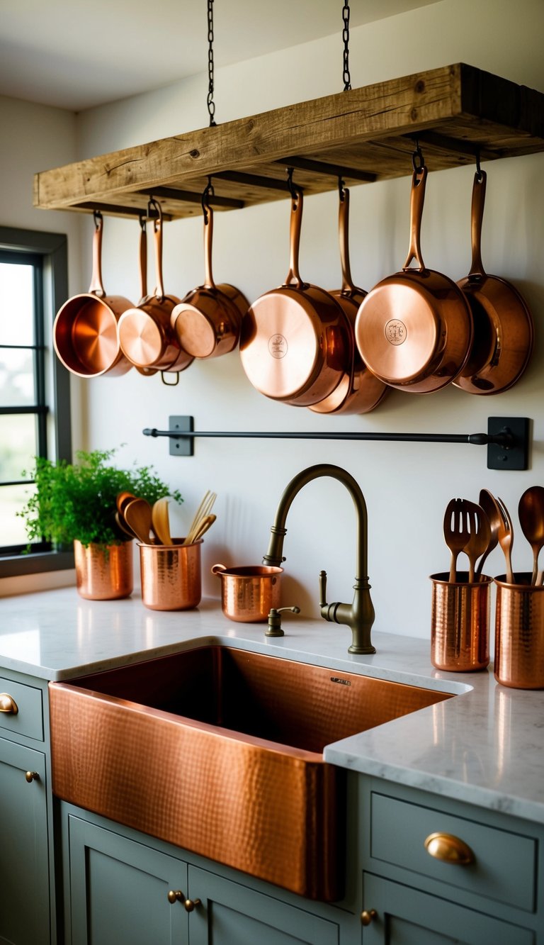 A farmhouse kitchen with copper pots hanging from a rustic wooden ceiling rack, a copper farmhouse sink, and copper utensils displayed on open shelves