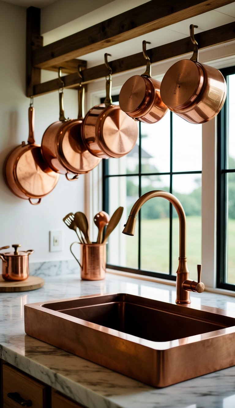 A farmhouse kitchen with copper pots hanging from a wooden rack, copper utensils on a marble countertop, and a copper sink with matching faucet