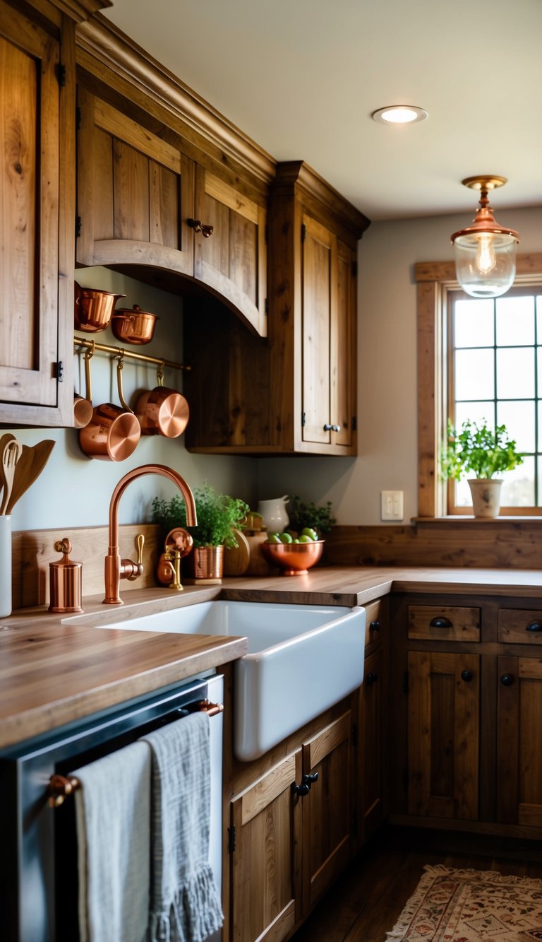 A cozy farmhouse kitchen with rustic wooden cabinets, a large farmhouse sink, and copper accents on the hardware, light fixtures, and cookware