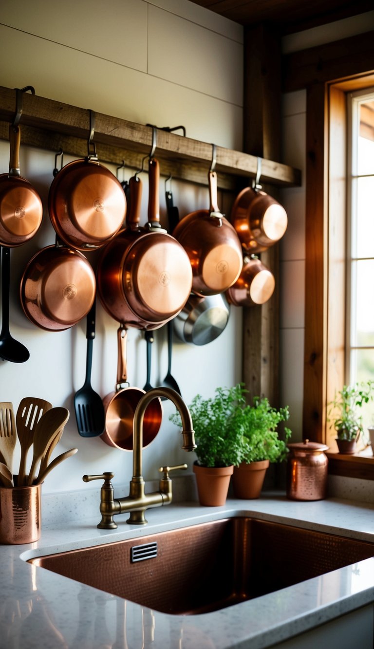 A farmhouse kitchen with copper pots, pans, and utensils hanging from a rustic wooden rack. A copper sink and faucet add a touch of elegance to the space