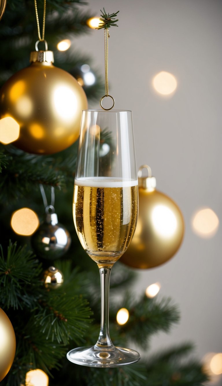 Golden and white champagne glass baubles hanging from a Christmas tree