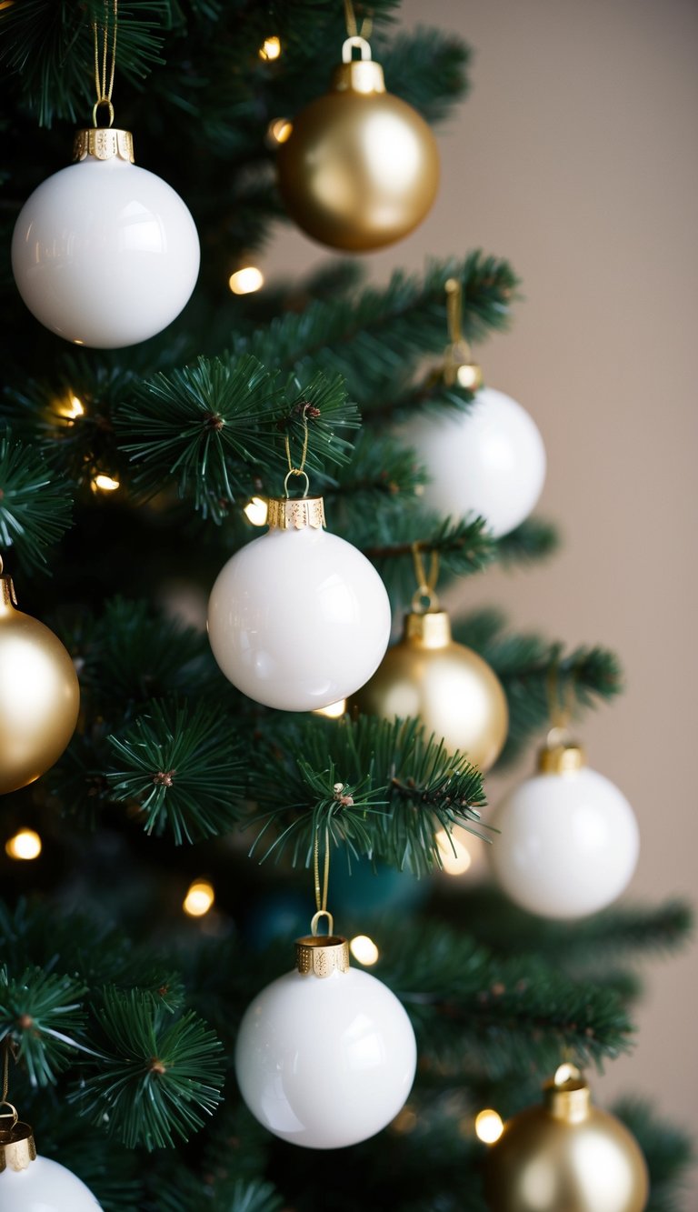 A Christmas tree adorned with 20 white and gold bell ornaments