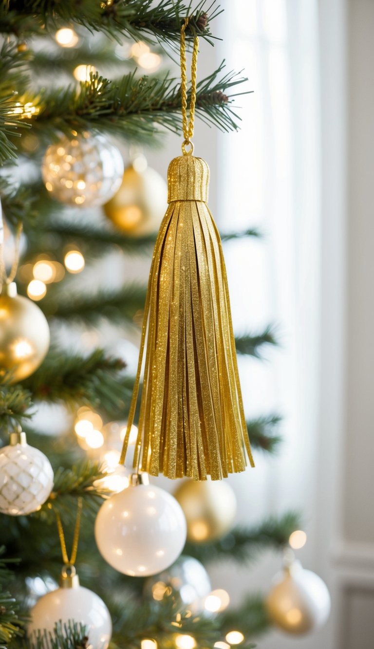 Gold tassels hang from a white and gold Christmas tree, catching the light and adding a touch of elegance to the festive decor