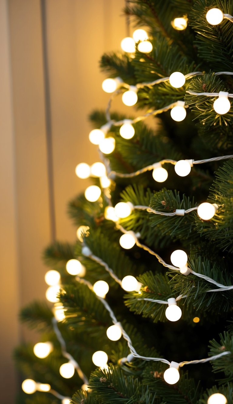 White and gold LED string lights wrapped around a Christmas tree, casting a warm and festive glow