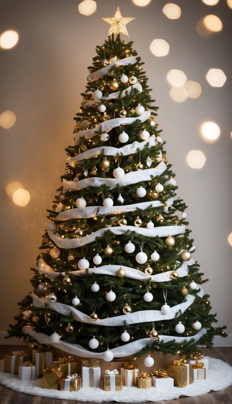 A tall Christmas tree adorned with white and gold ornaments and twinkling lights