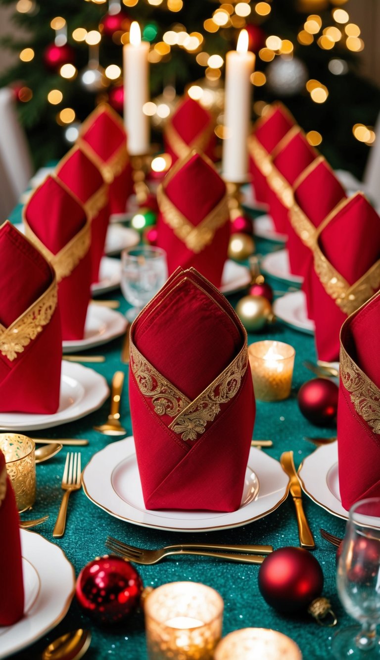 Red and gold festive napkins arranged in various decorative folds on a Christmas table adorned with ornaments and candles