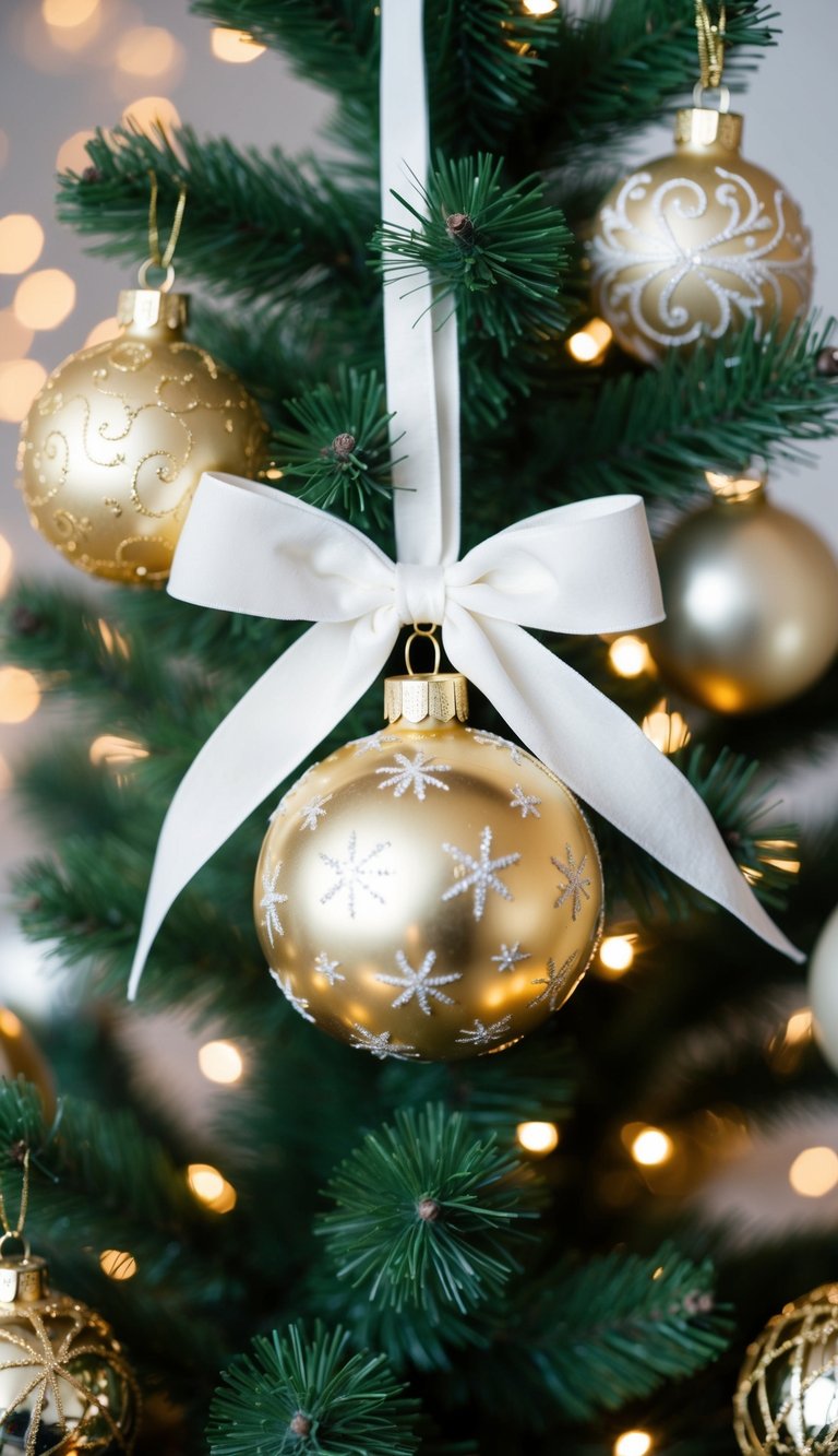 A white velvet ribbon is elegantly tied around a gold Christmas tree ornament, surrounded by 19 similar decorations