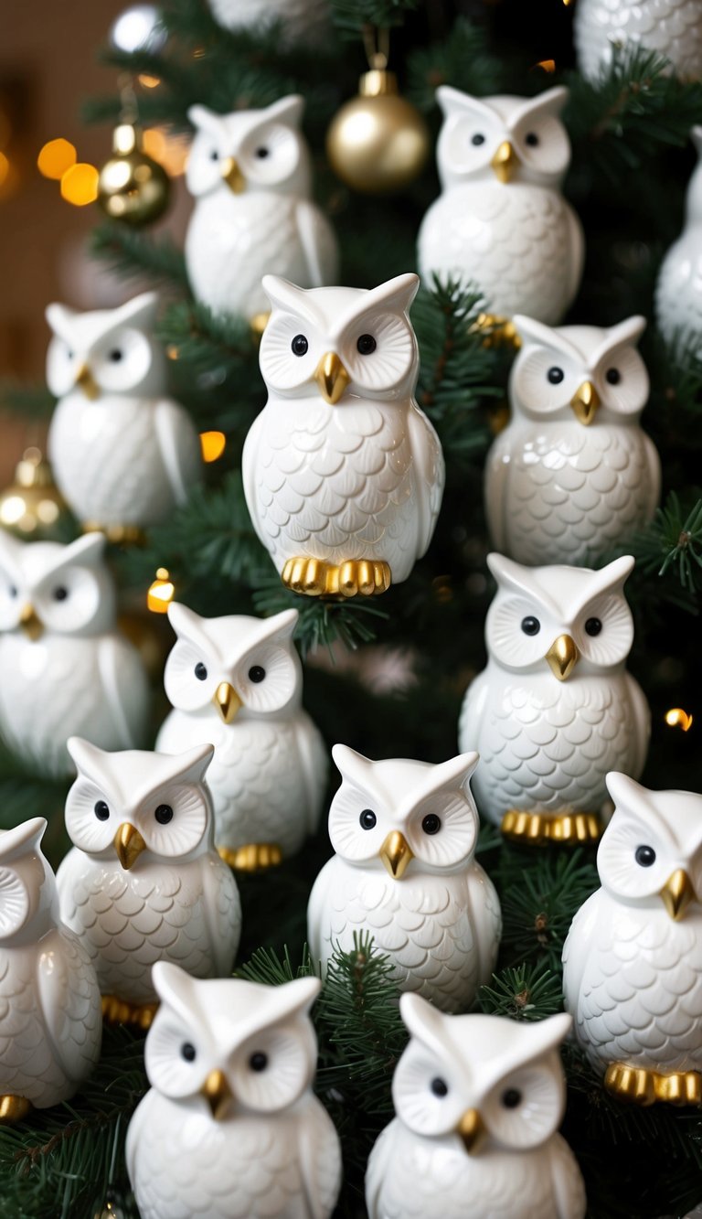 A group of 20 white and gold snow owl figurines arranged around a Christmas tree as decorations