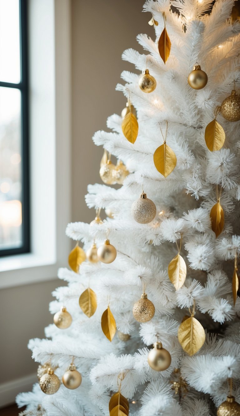 A white and gold Christmas tree adorned with 20 gold leaf picks and decorations