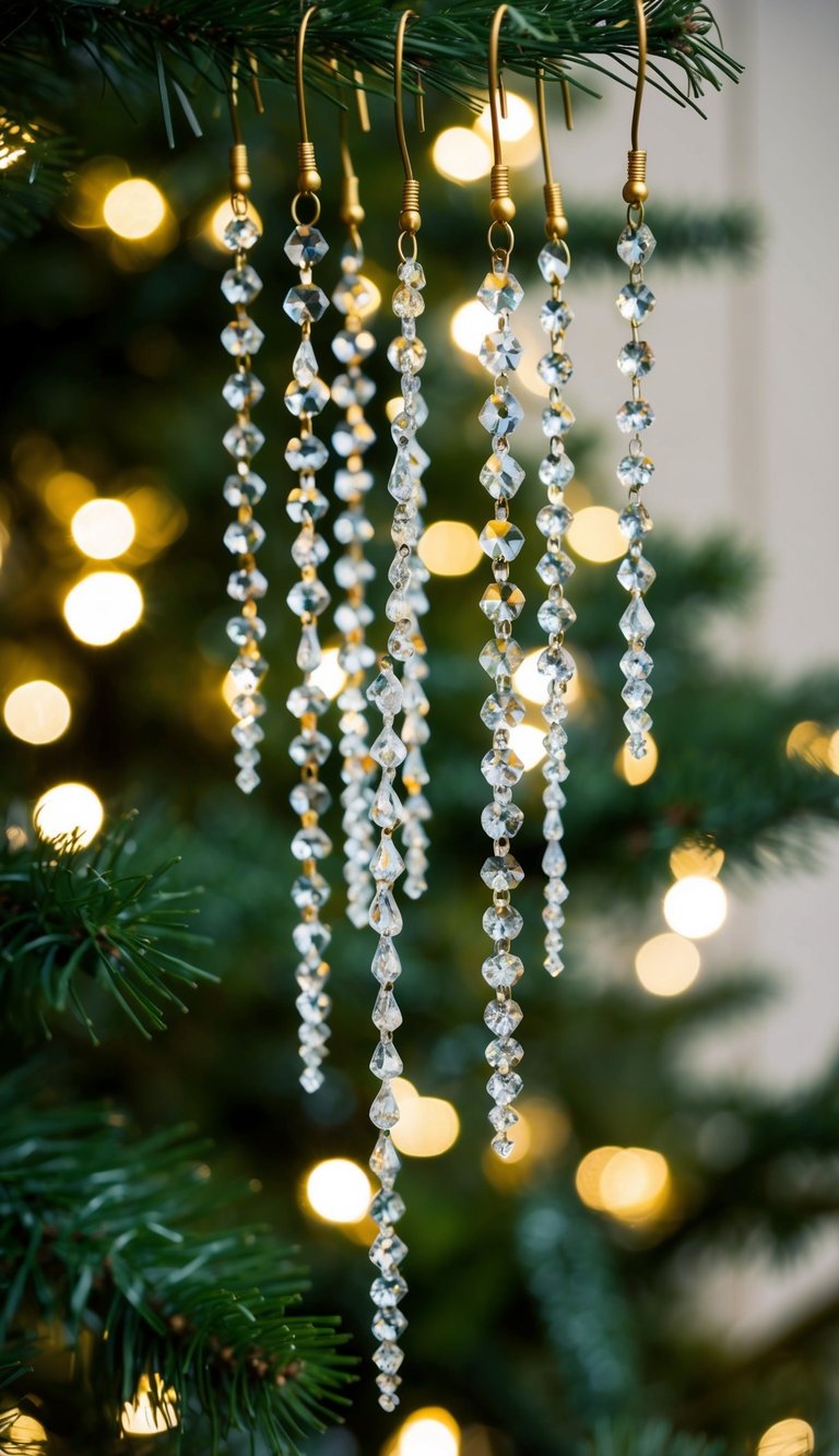 Twenty white and gold crystal icicle drops hang from a Christmas tree, catching the light and sparkling in the festive atmosphere