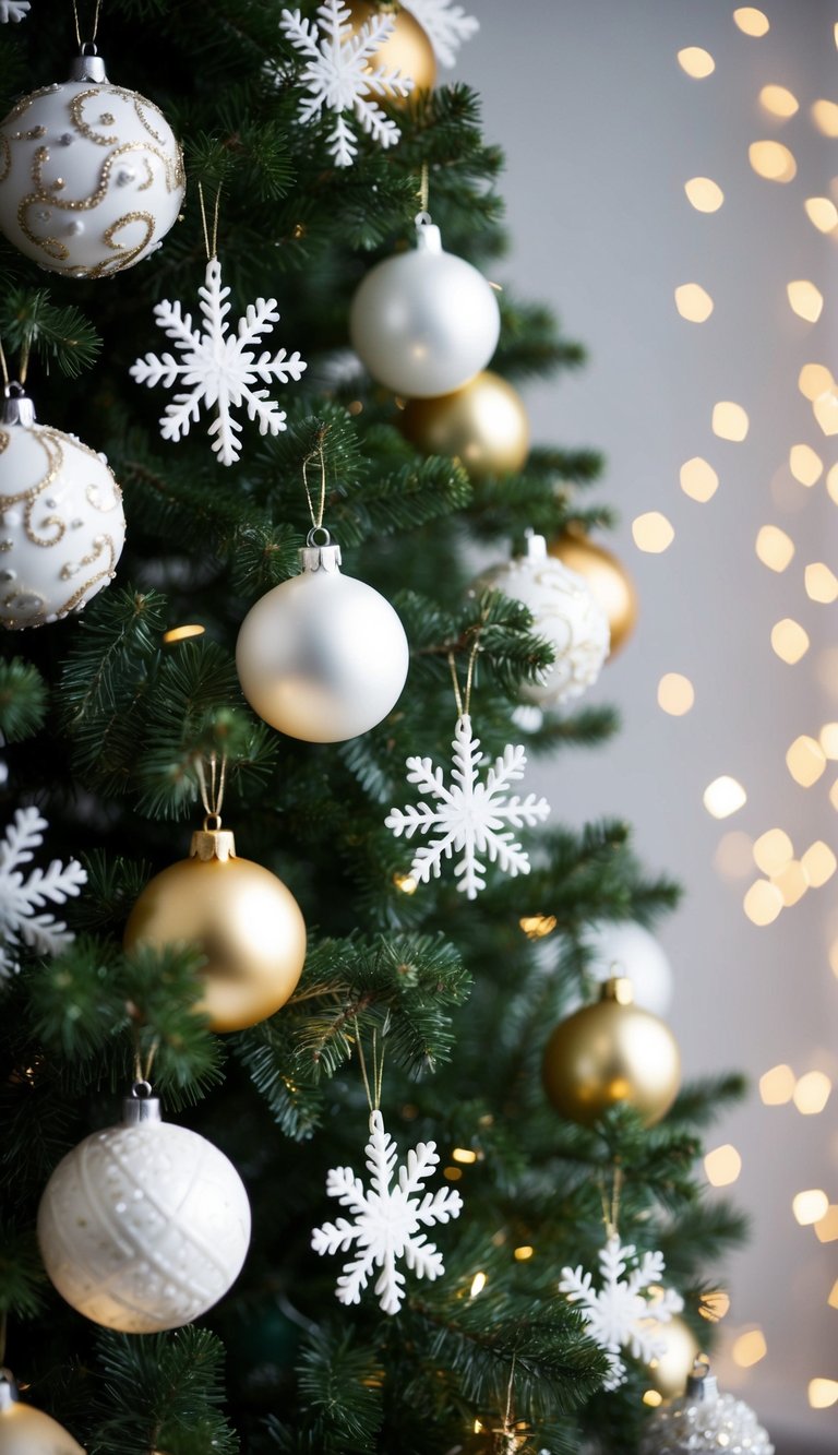 A Christmas tree adorned with white and gold snowflake baubles