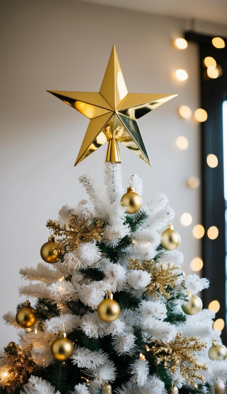 A golden star tree topper shines atop a white and gold decorated Christmas tree