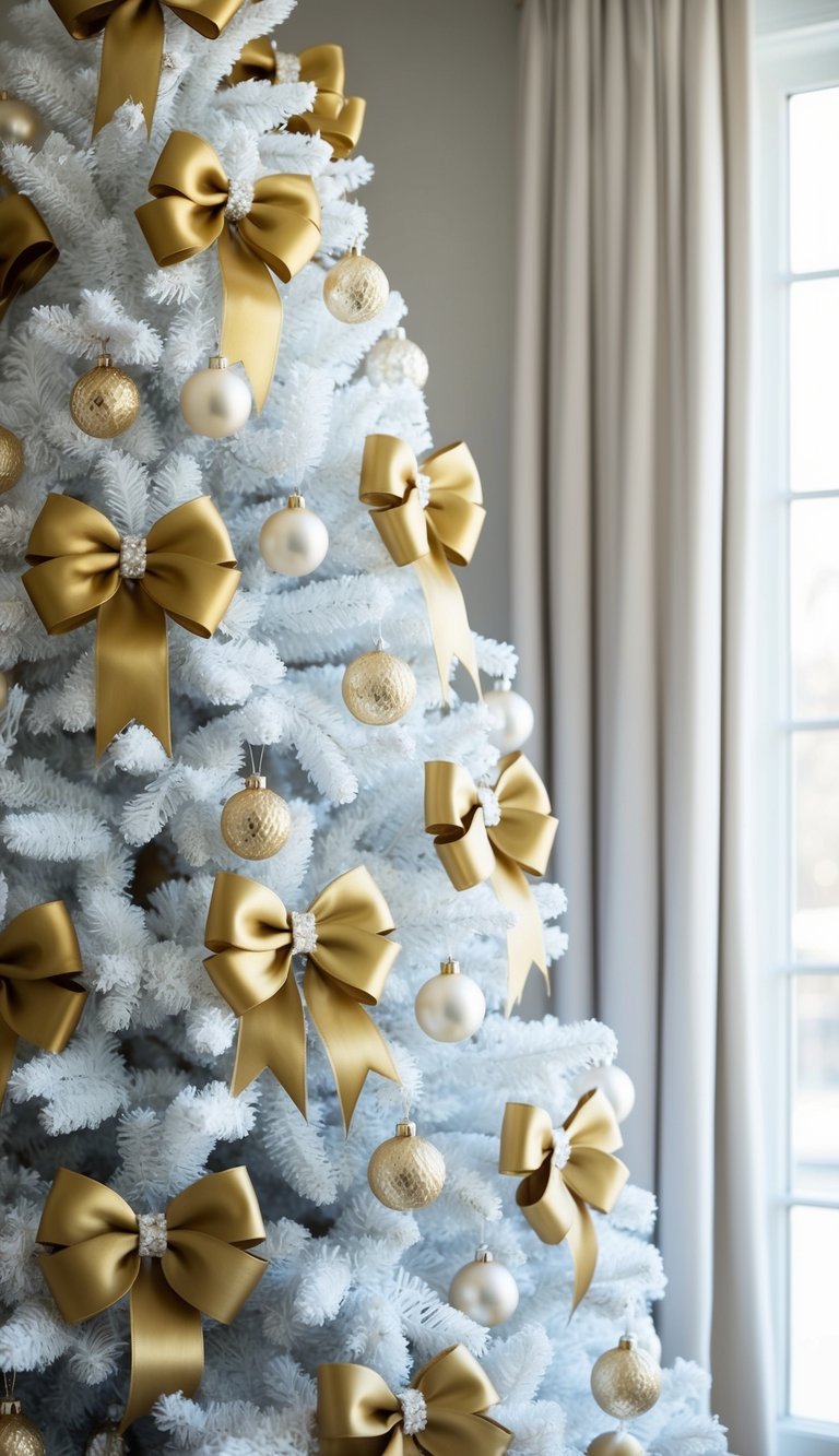 A white Christmas tree adorned with gold satin bows and ivory decorations