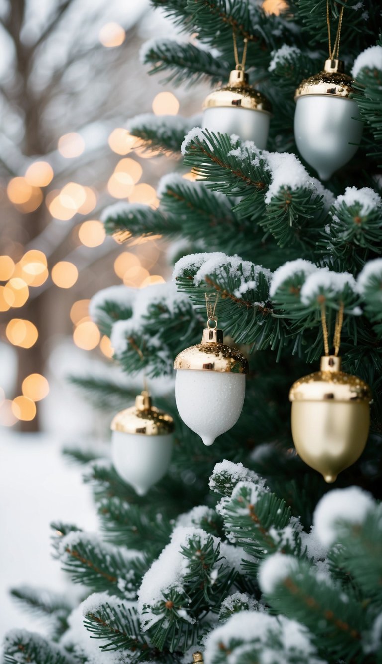 A snow-covered evergreen tree adorned with golden acorns and white ornaments