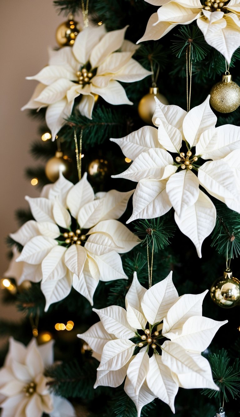 White silk poinsettias adorned with gold accents hang from a Christmas tree