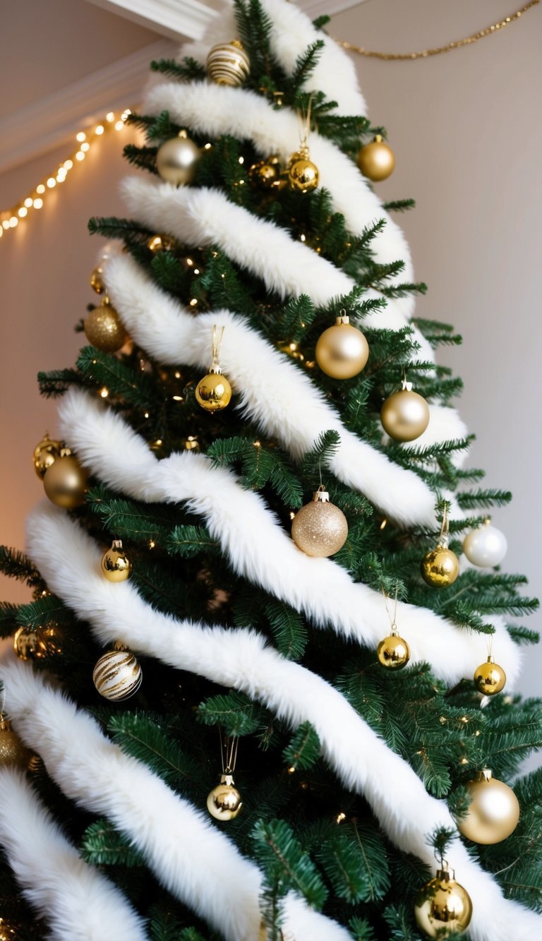 A Christmas tree adorned with white faux fur garland and gold ornaments