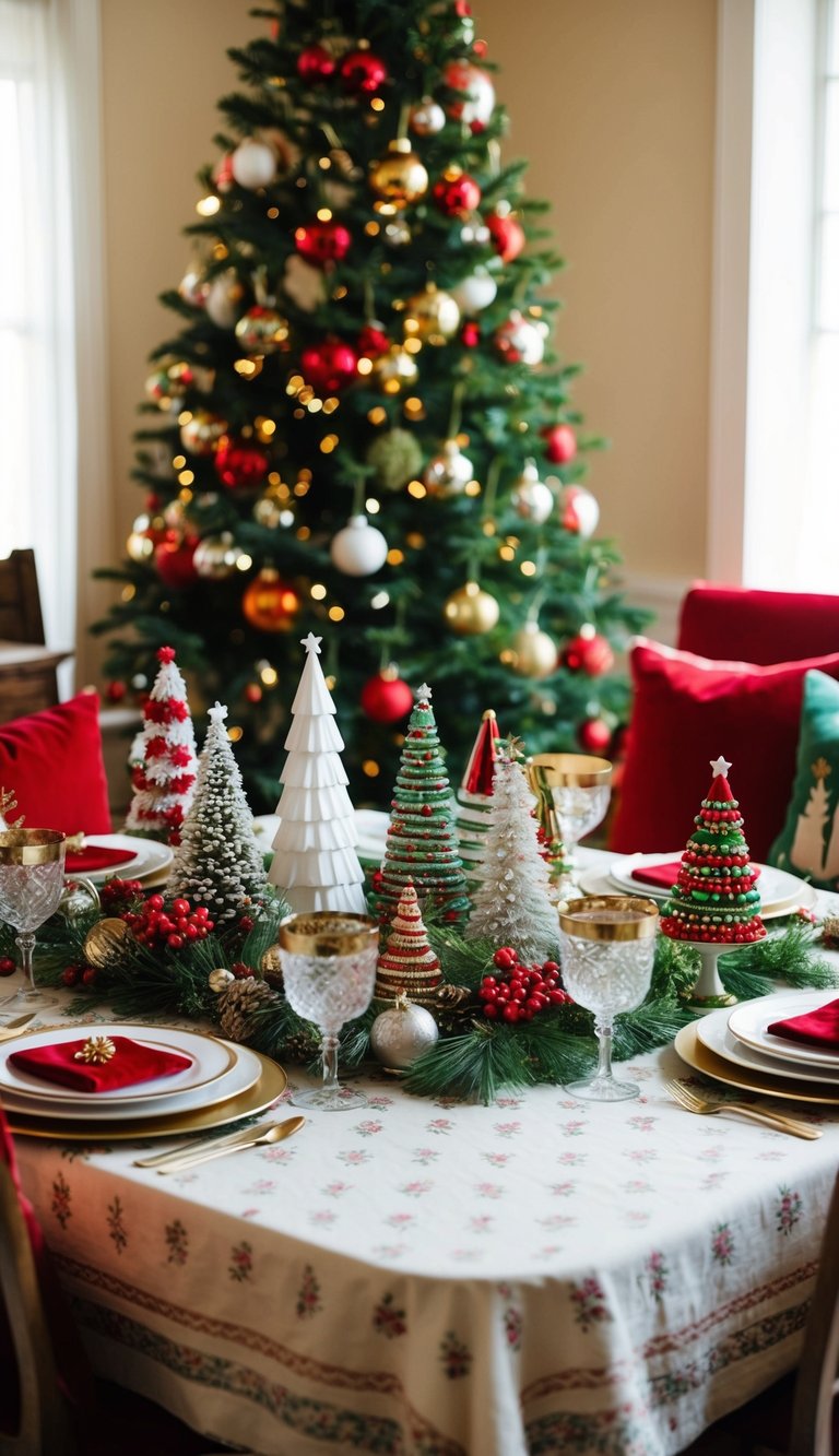 A festive holiday table set with vintage tablecloth, adorned with 26 unique Christmas decorations