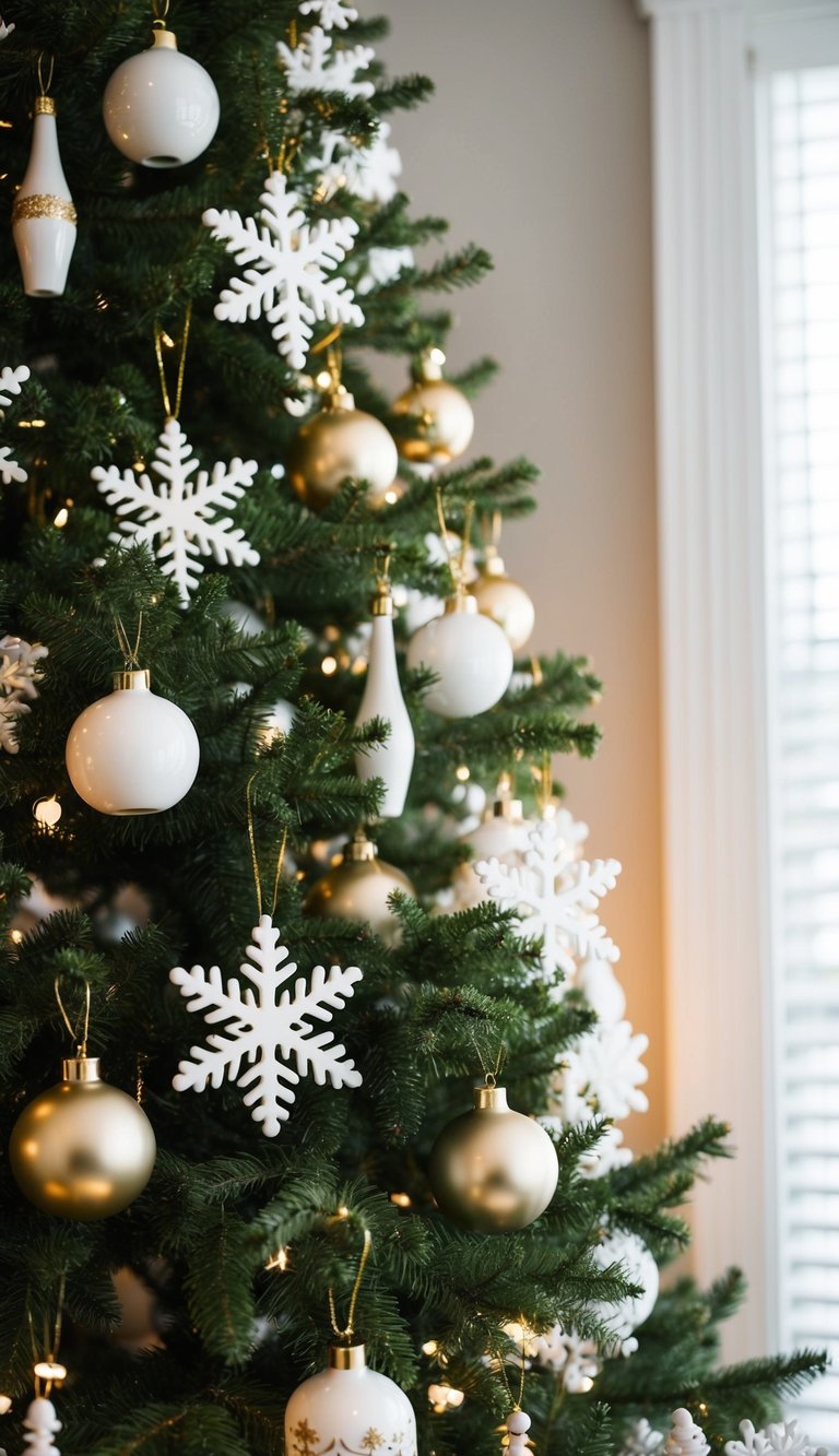 A Christmas tree adorned with white and gold porcelain snowflake decorations