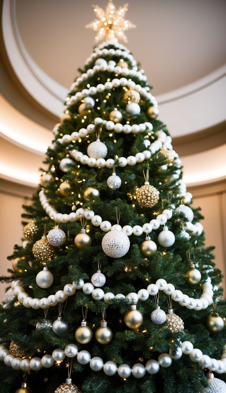 A grand Christmas tree adorned with white and gold pearl-encrusted ornaments