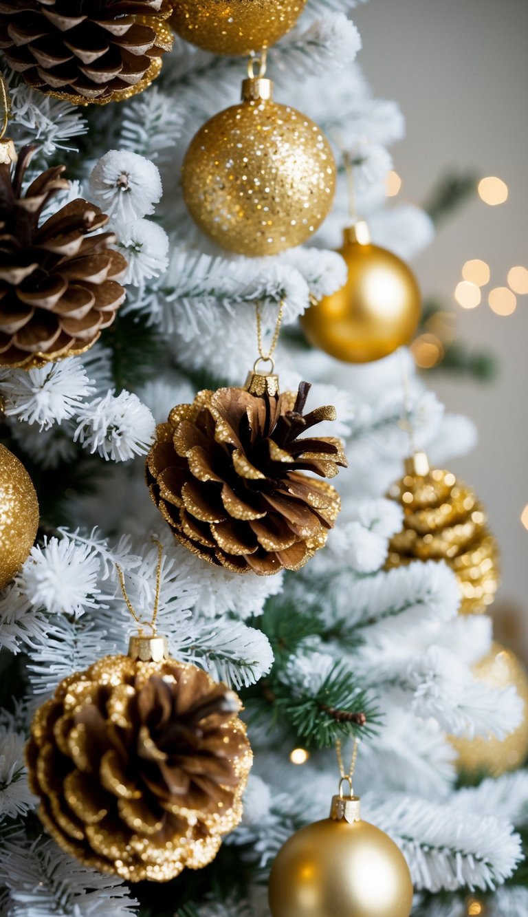 Golden glittered pinecones adorn a white and gold Christmas tree