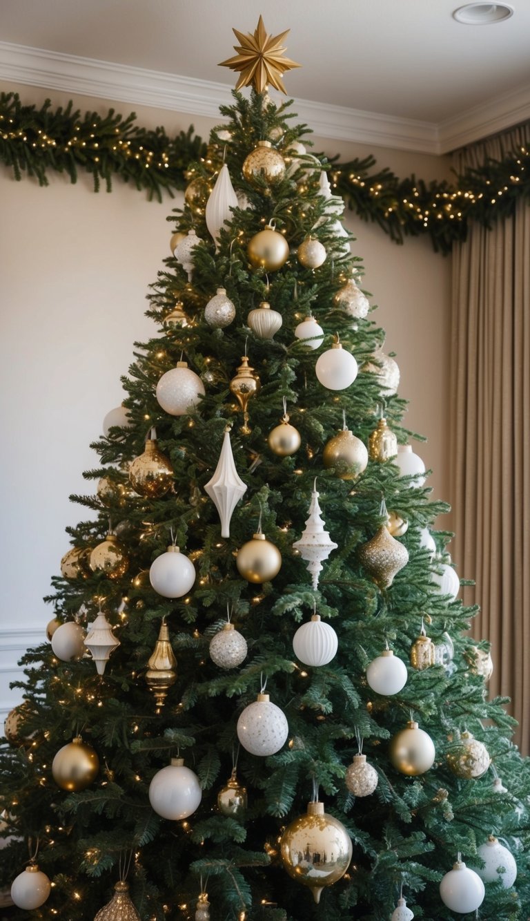 A grand Christmas tree adorned with antique gold finials and white and gold decorations