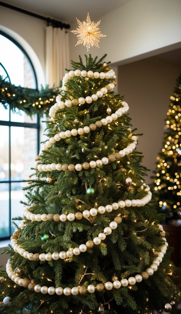 A Christmas tree adorned with ivory and gold beaded garlands