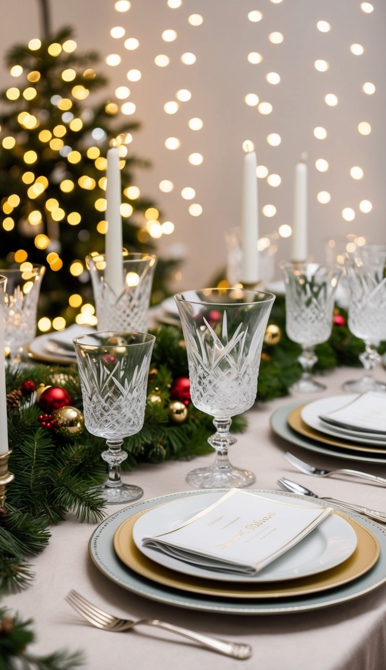 A table set with elegant crystal glassware, adorned with festive decorations and surrounded by twinkling lights