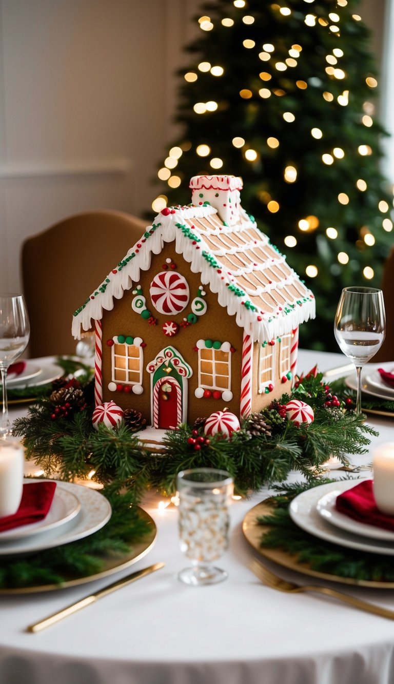 A festive gingerbread house sits as the centerpiece on a beautifully decorated Christmas table, surrounded by twinkling lights and holiday greenery