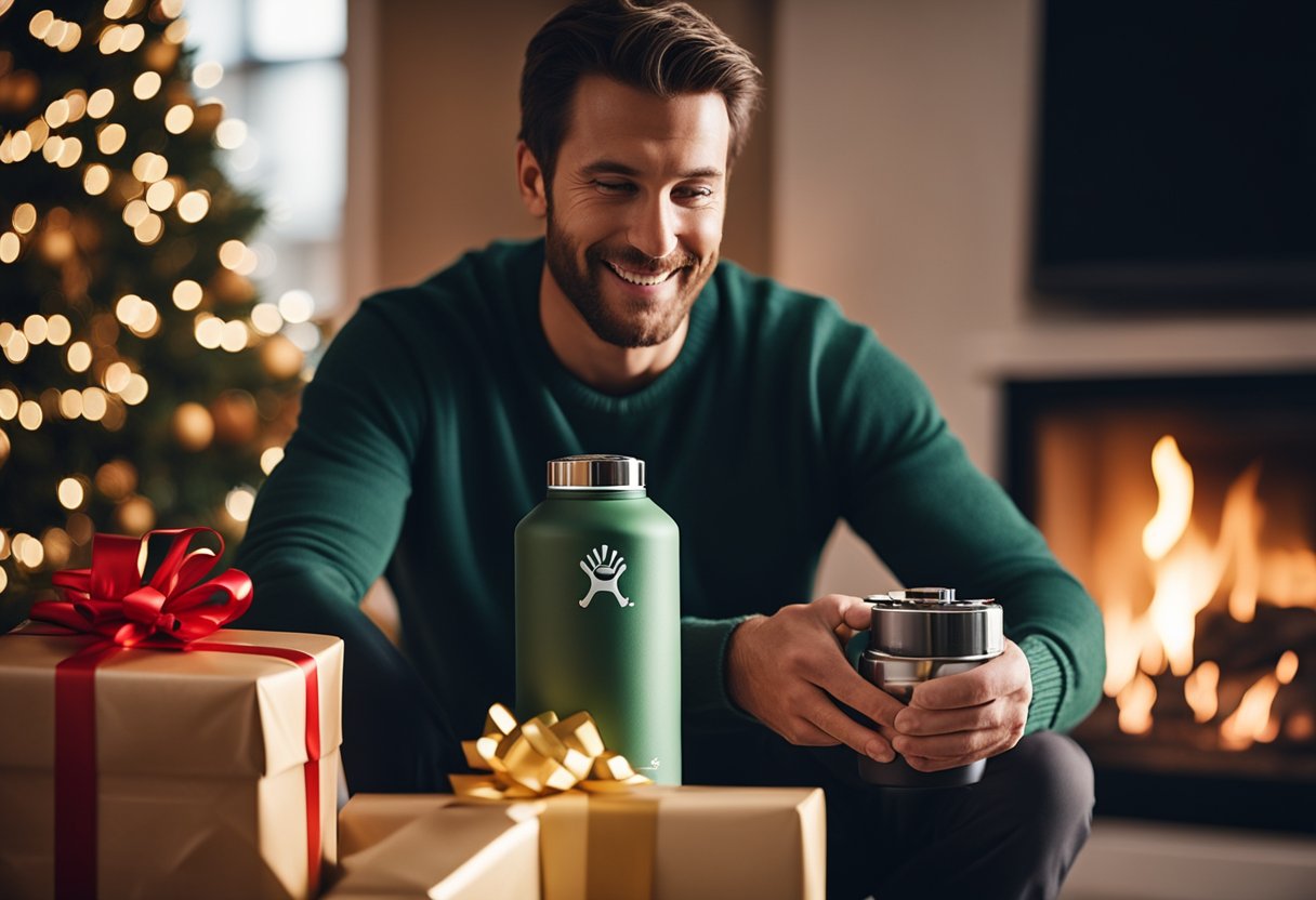 A man unwraps a Hydro Flask from a festive gift box, surrounded by other Christmas presents, with a cozy fireplace in the background