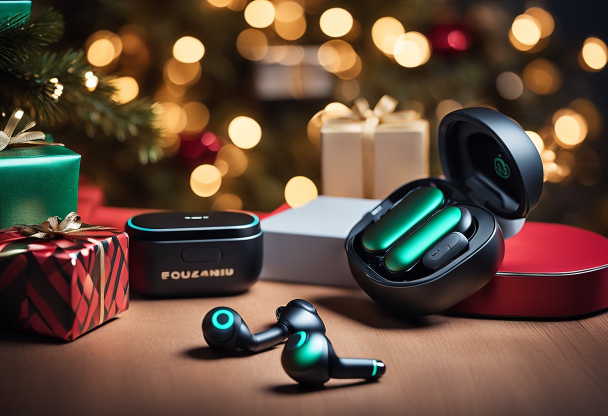 A festive Christmas scene with a stack of gift-wrapped Beats Flex Wireless Earbuds on a table, surrounded by other men's gift items, with an Amazon logo in the background