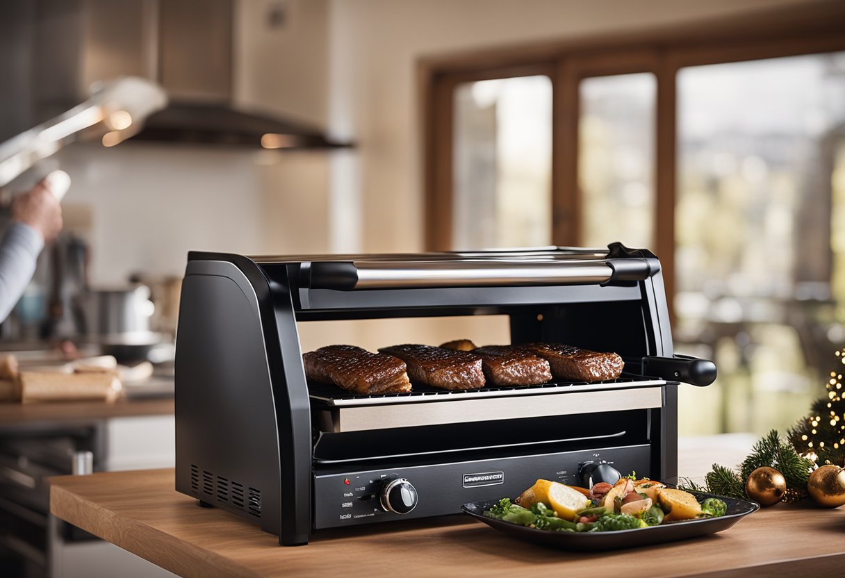 A man unwrapping a Hamilton Beach Electric Indoor Searing Grill on Christmas morning