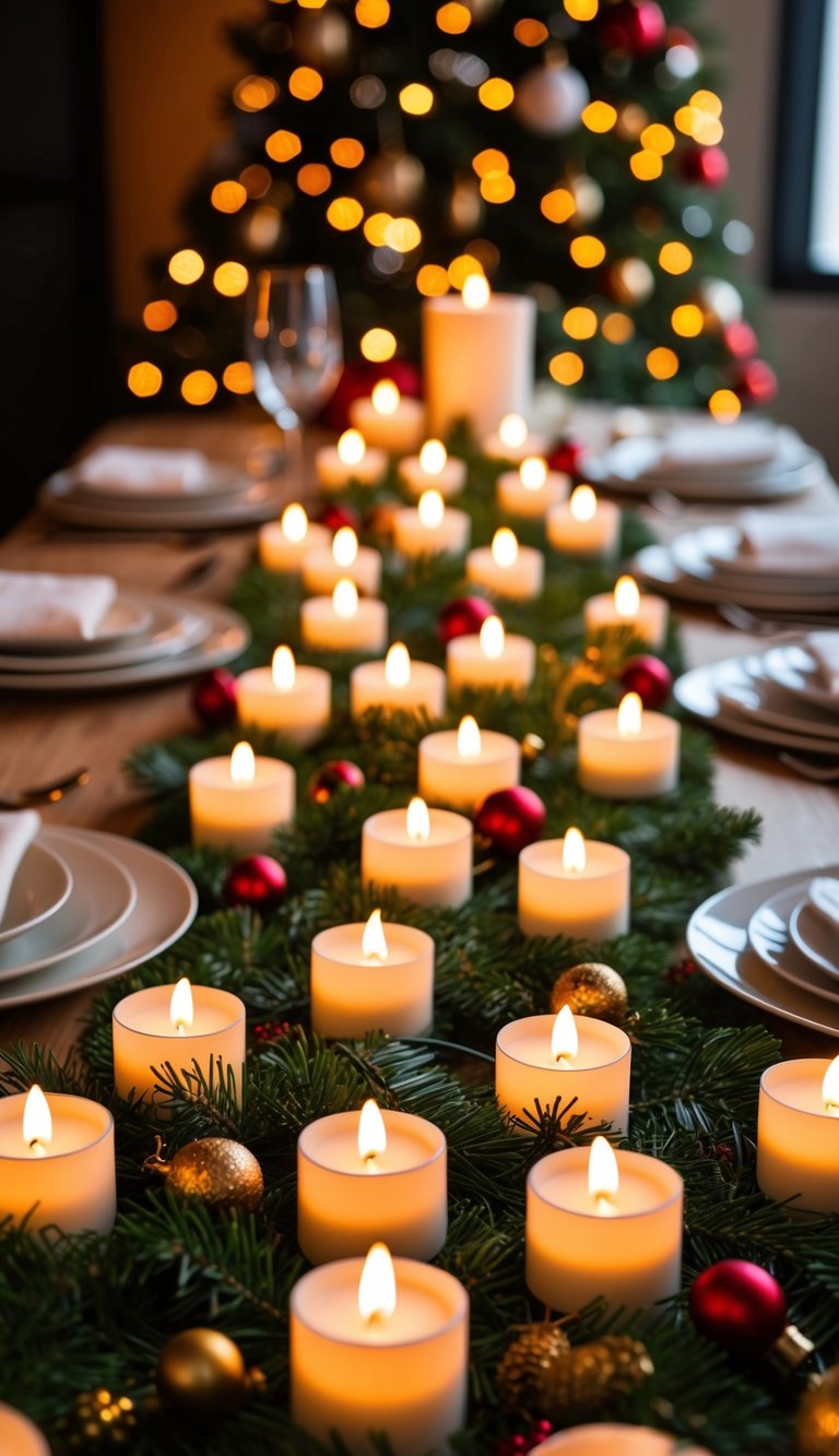 A festive Christmas table adorned with LED tea light candles in various creative arrangements