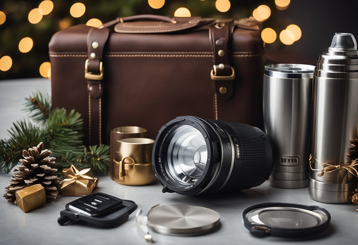 A rugged, outdoorsy man receives a YETI Rambler 20 oz Tumbler as a Christmas gift, surrounded by other manly items from the Amazon gift guide